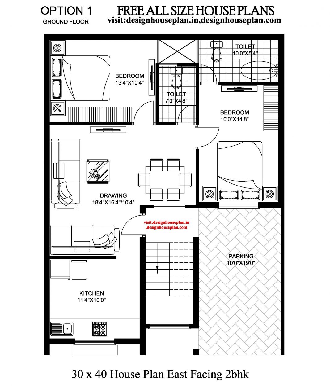 Best 30 X 40 House Plan East Facing With 2 Bedrooms Car Parking   30 X40 House Plan 1068x1246 