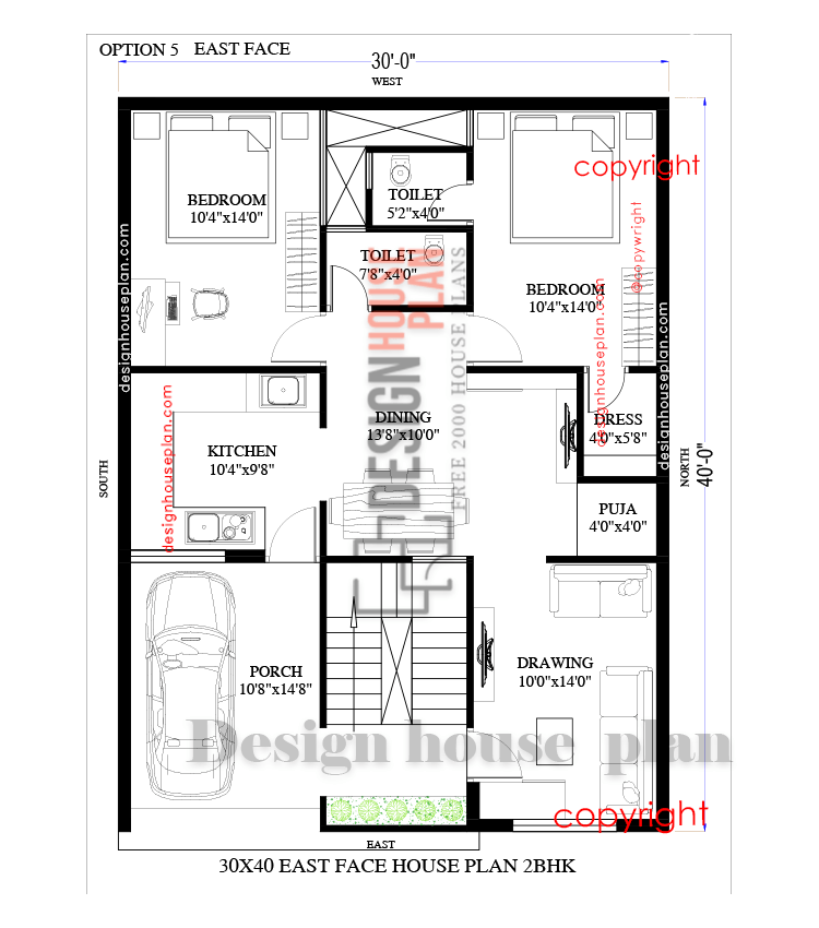 30 40 house plans with car parking single floor east facing