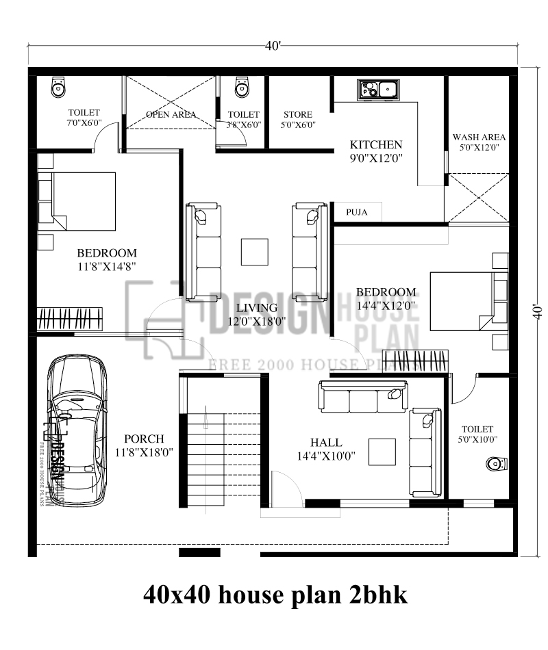 40x40 house plan 2bhk