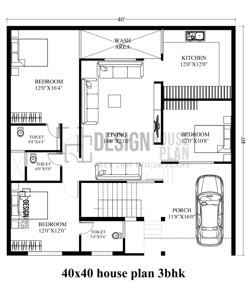 40x40 house plan 3bhk