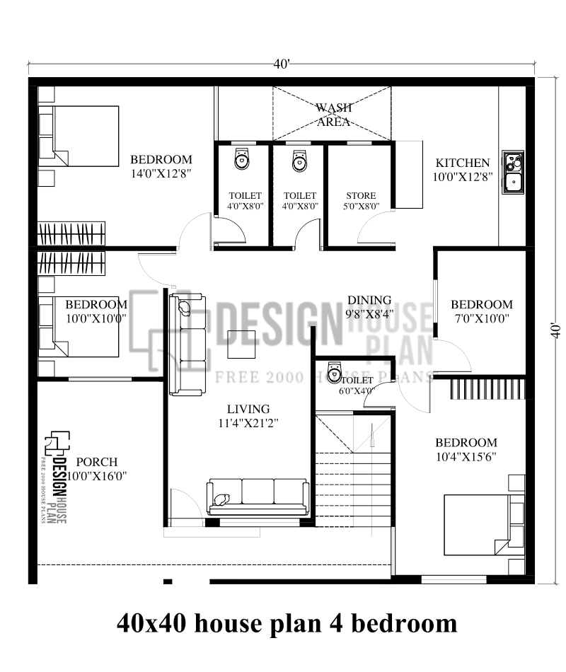 40x40 house plan 4 bedroom