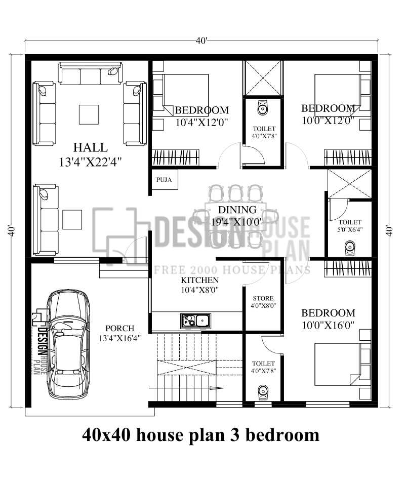 40x40 house plans 3 bedrooms