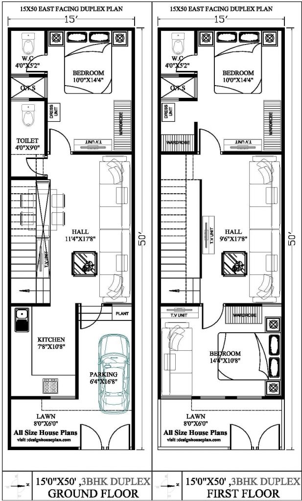 15 x 50 duplex house plan