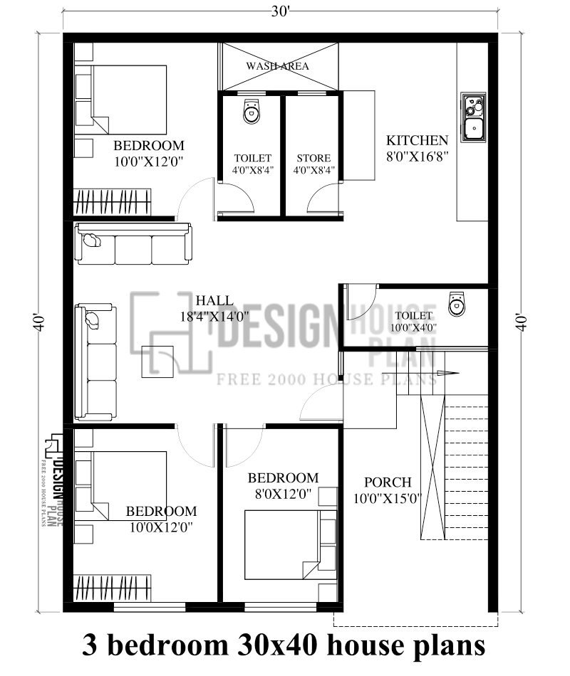 3 bedroom 30x40 house plans