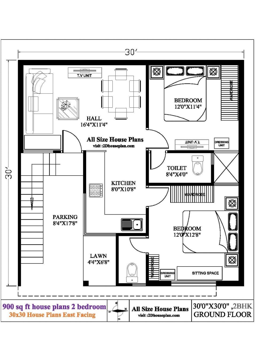 30x30 house plan | 30 * 30 house plan with car parking | 2bhk house plan