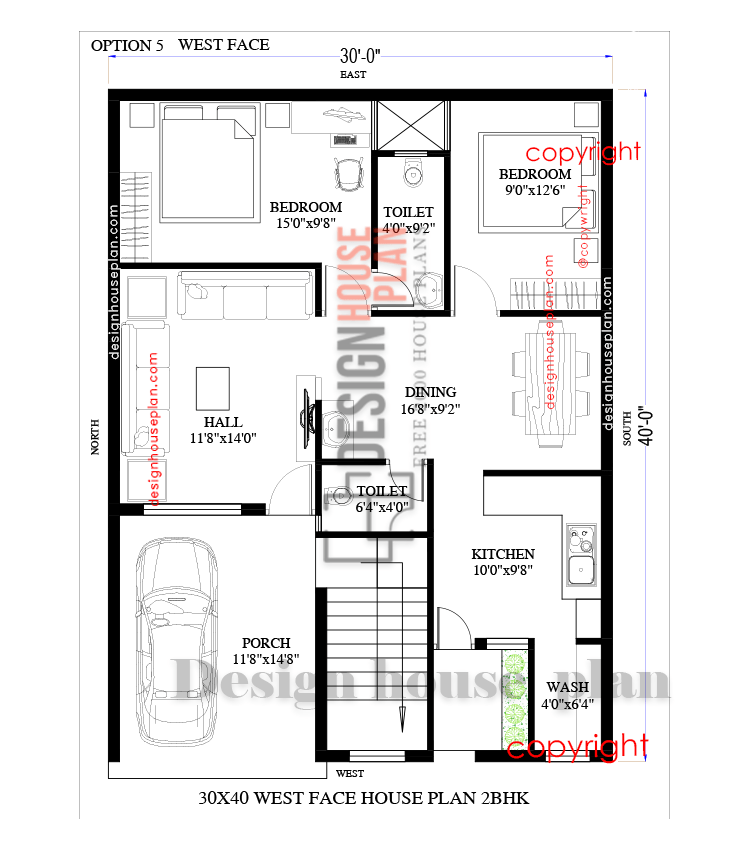 30x40 house plan west face with 2bhk