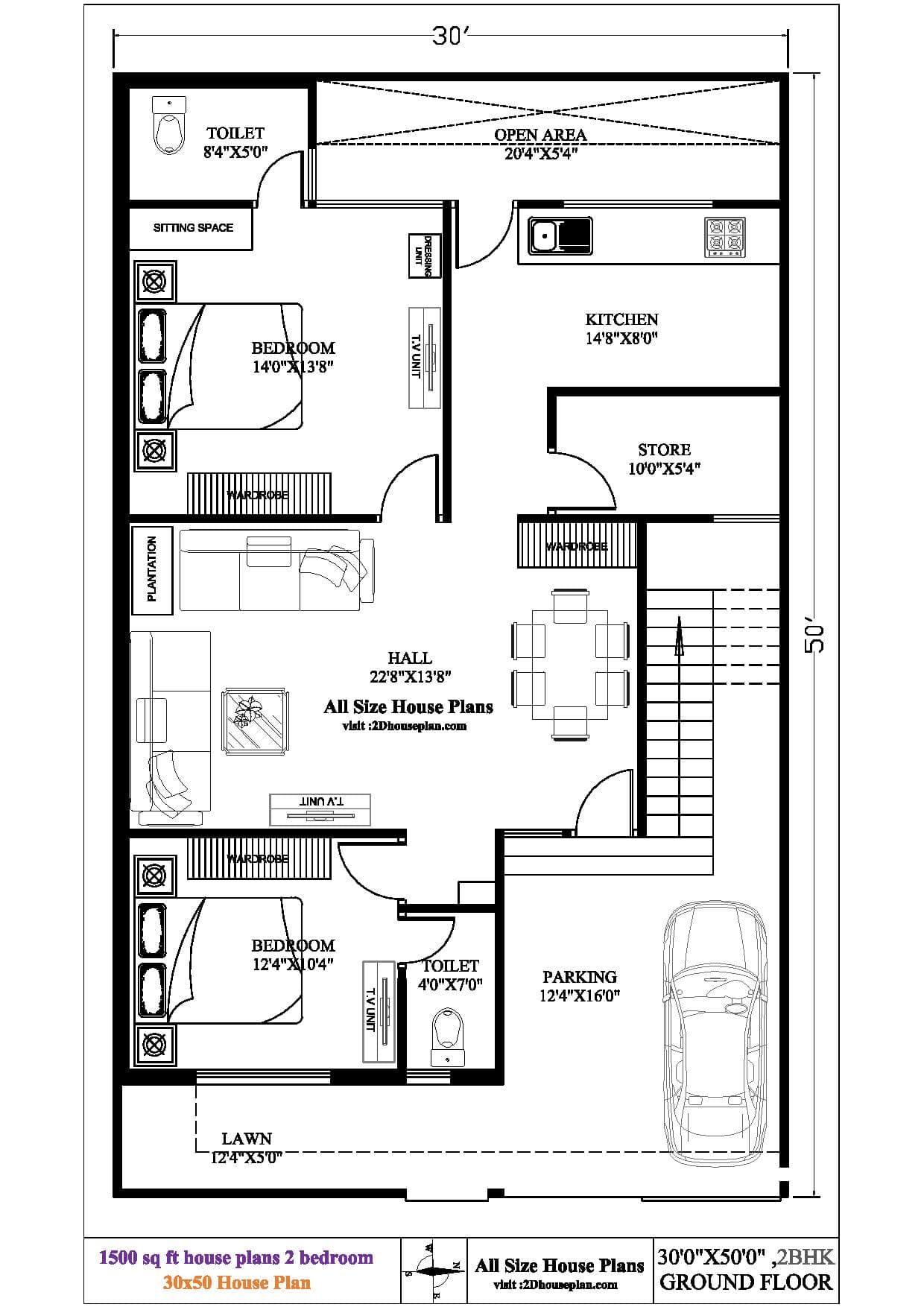 30X50 House Plan | 1500 sqft house plan | 30 * 50 house plan | 2bhk