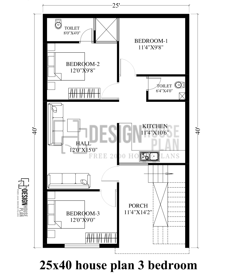 25x40 house plan 3 bedrooms