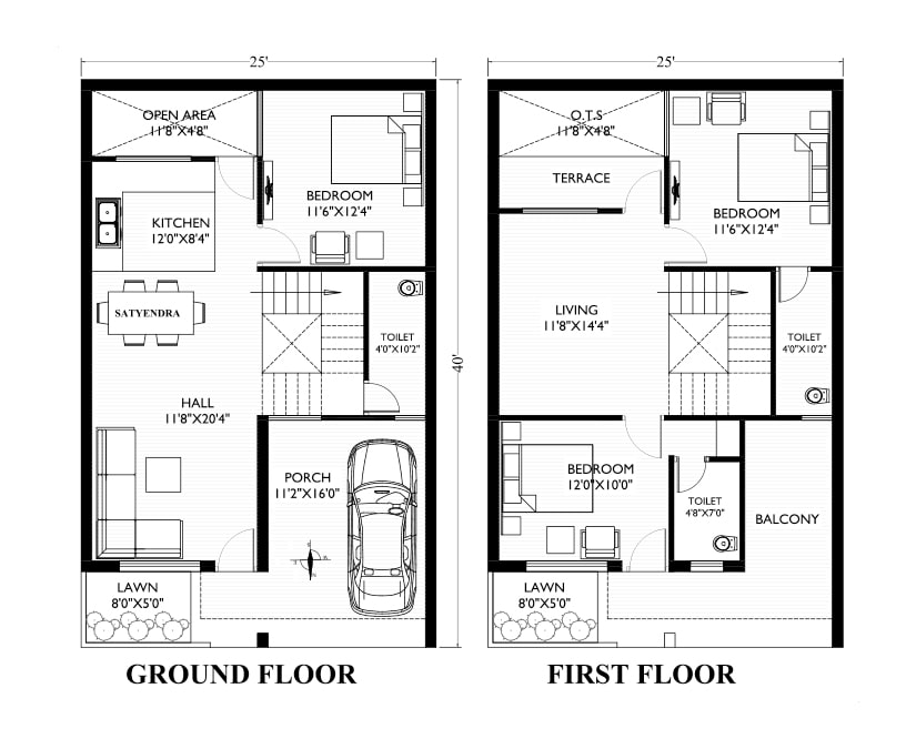 25 40 duplex house plan north facing