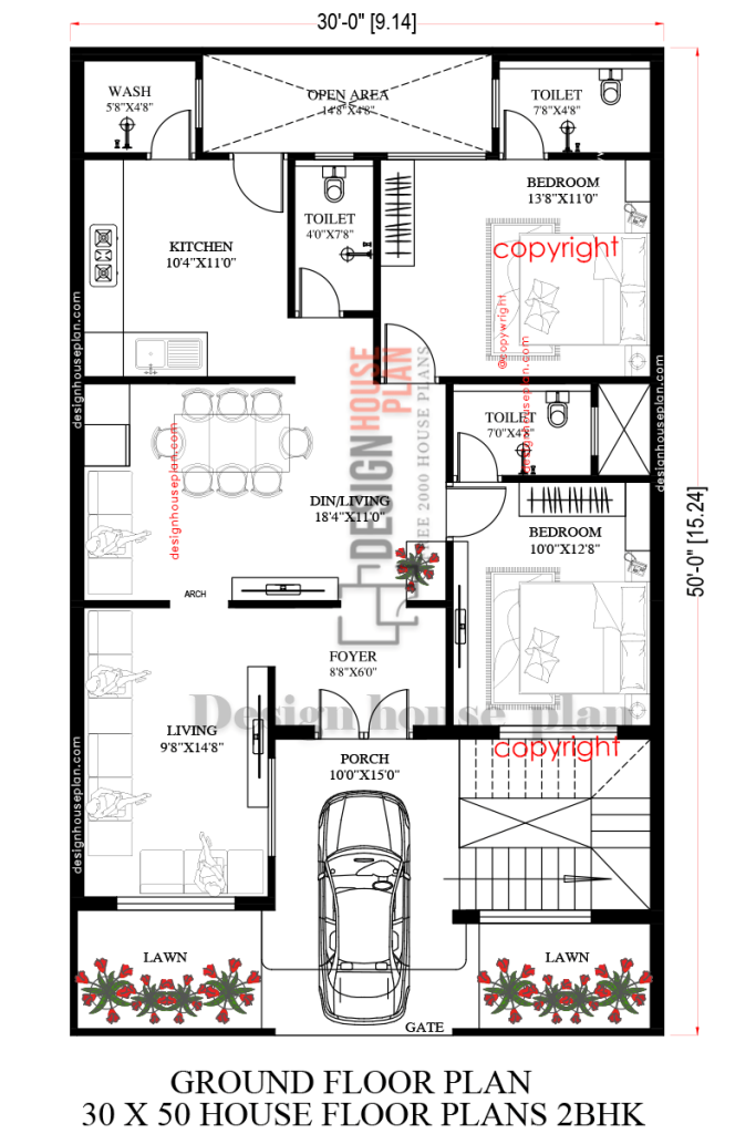 30x50 house floor plans 2bhk