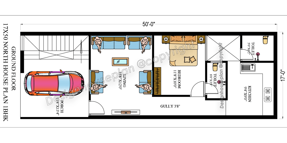17 x 50 house plan 2bhk