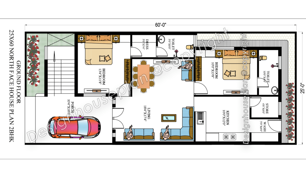 25 x 60 house plan 2bhk