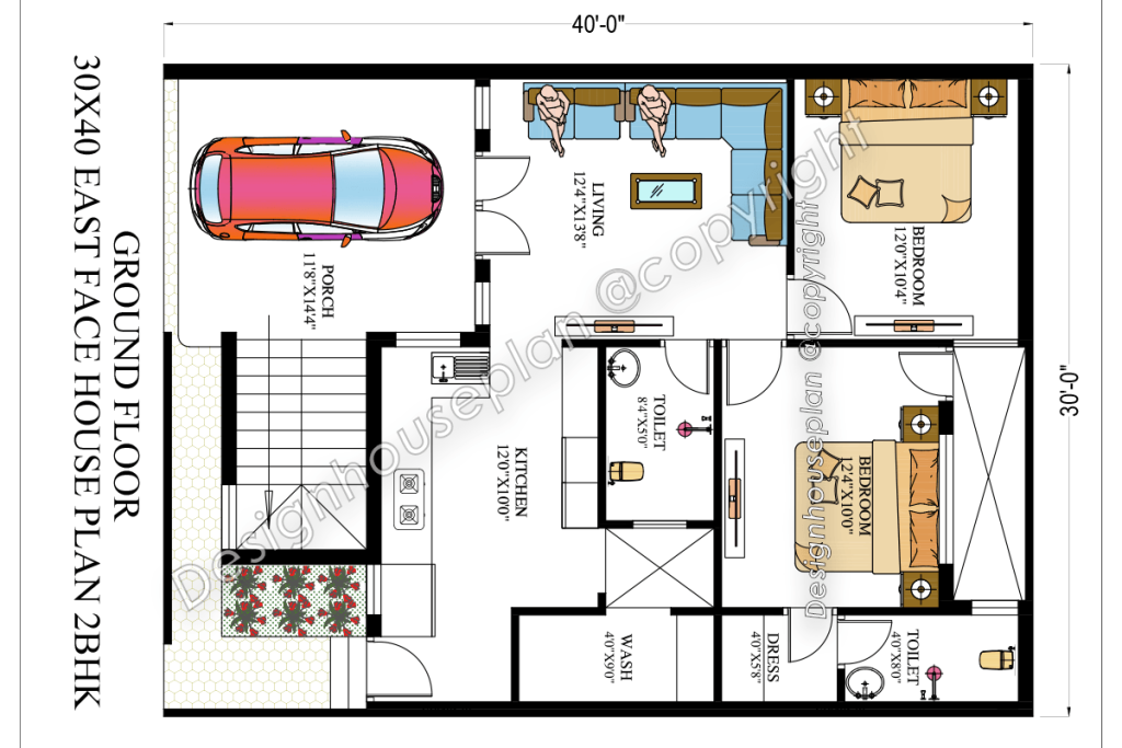 30 x 40 house plan 2bhk