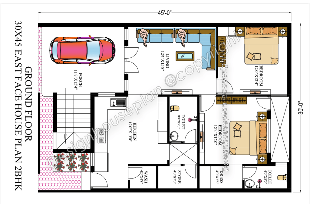 30 x 45 house plan 2bhk
