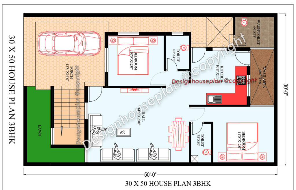 30 x 50 house plan 2bhk