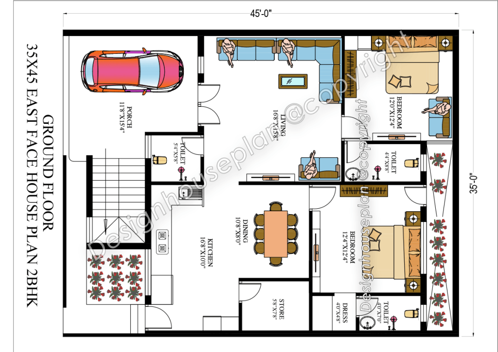 35 x 45 house plan 2bhk