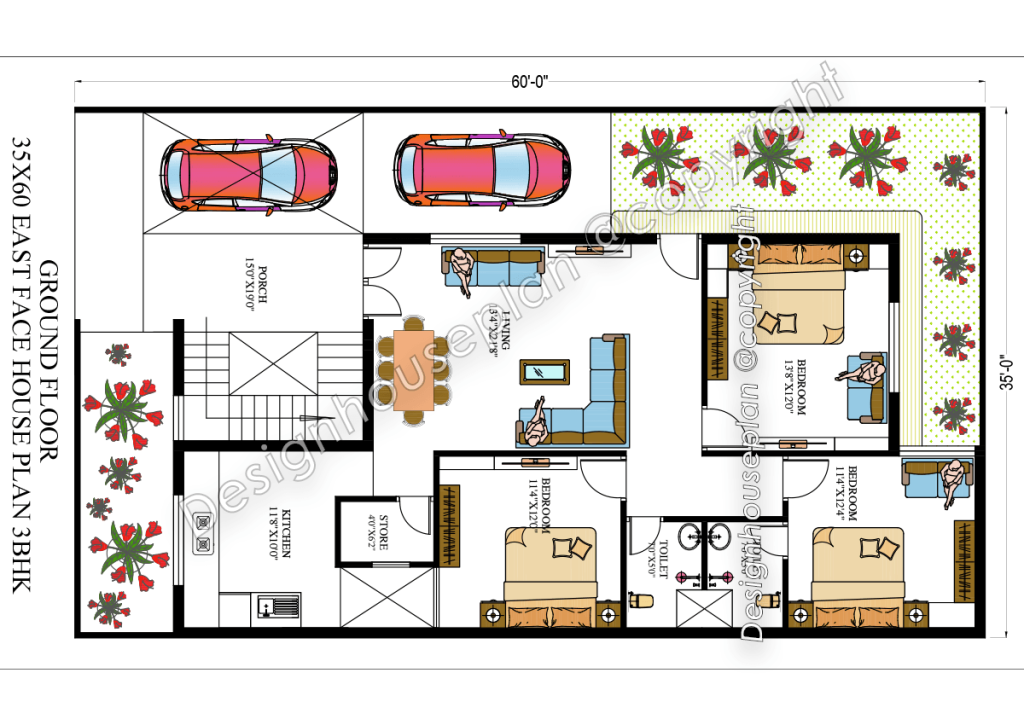 35x60 house plan 3bhk