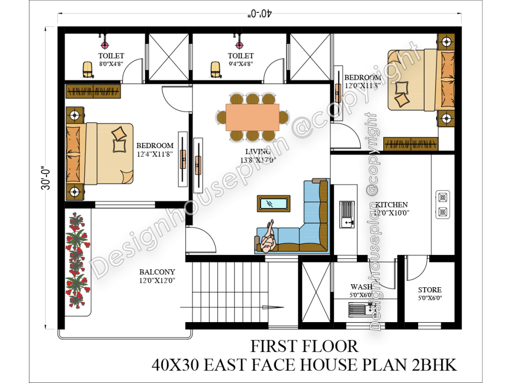 40x30 house plan 2bhk