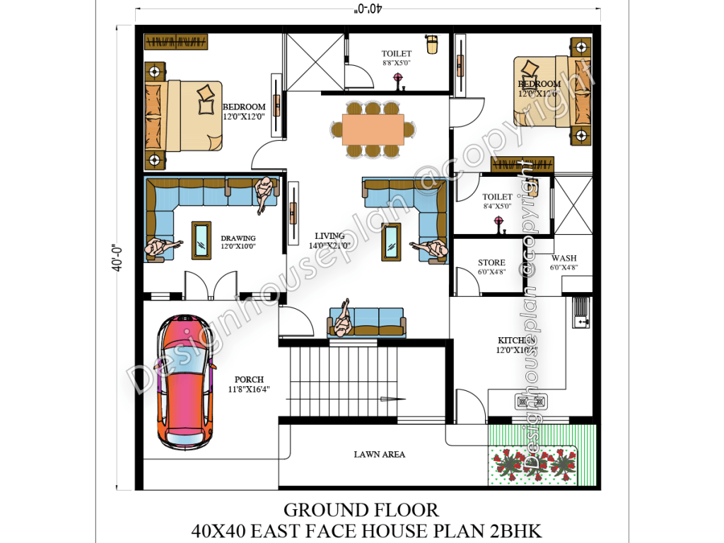 40x40 house plan 2bhk