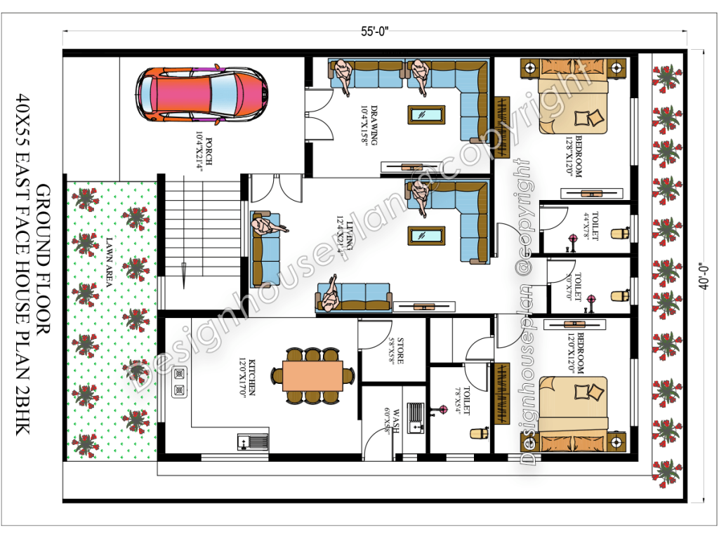 40x55 house plan 2bhk
