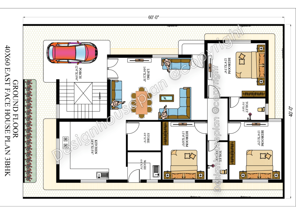 40x60 house plan 3bhk