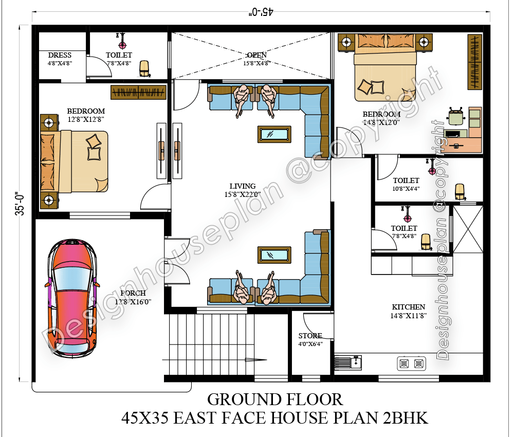 45 x 35 house plan 2bhk