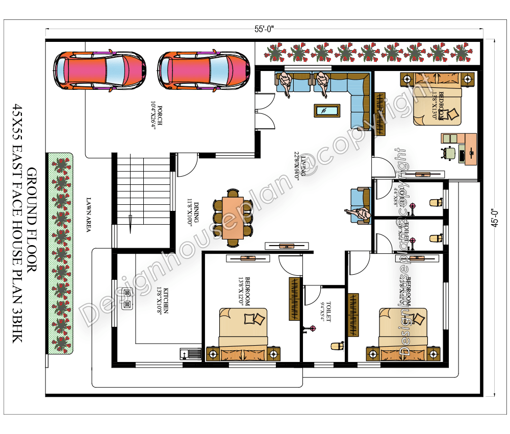 45x55 house plan 3bhk