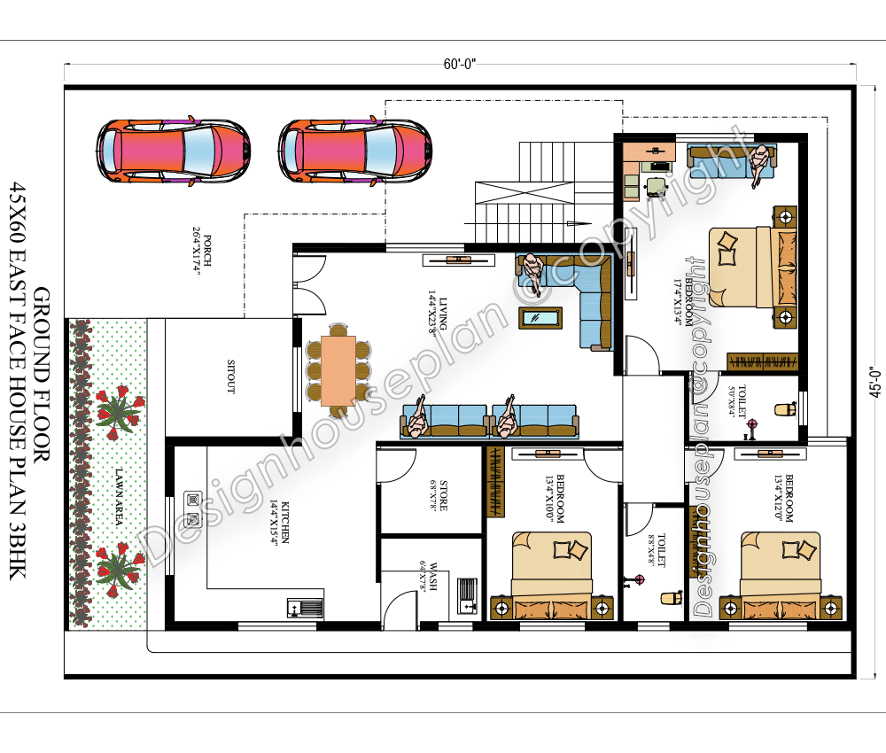 45x60 house plan 3bhk