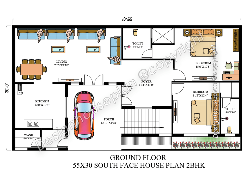 55x30 house plan 2bhk south face