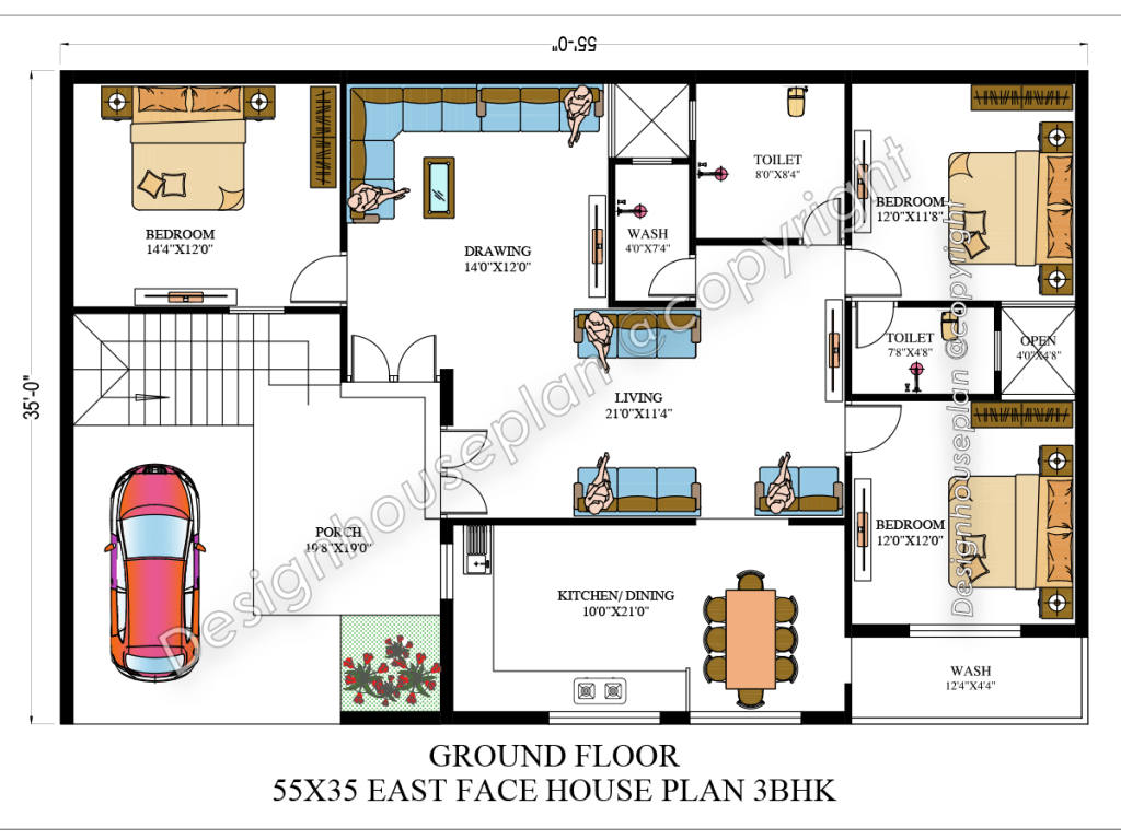 55x35 house plan 3bhk