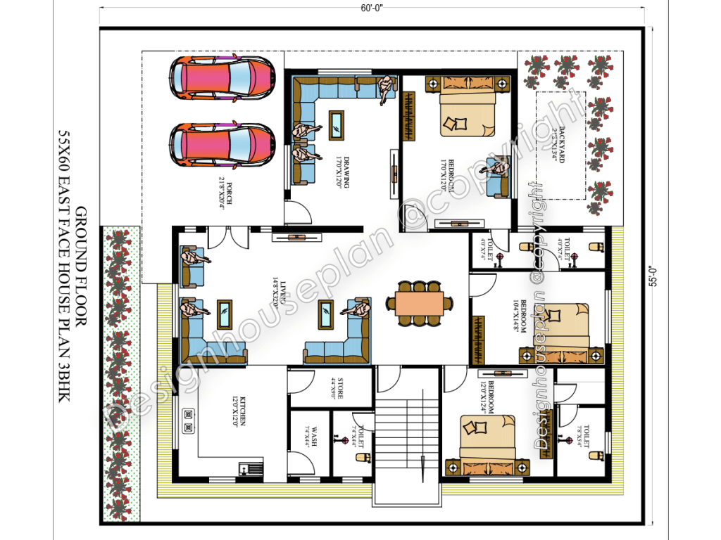 55x60 house plan 3bhk