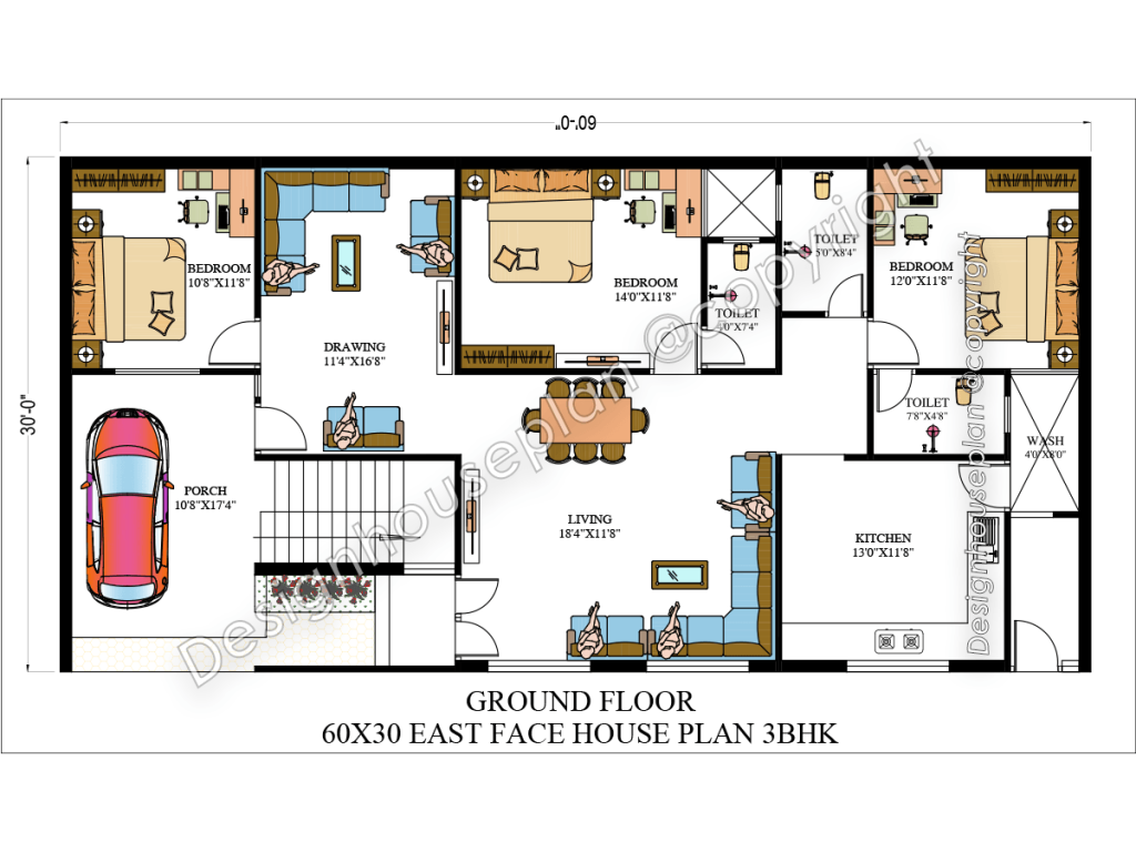 60x30 house plan 3bhk east face