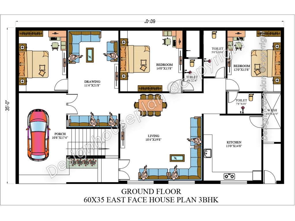 60x35 house plan 3bhk east face